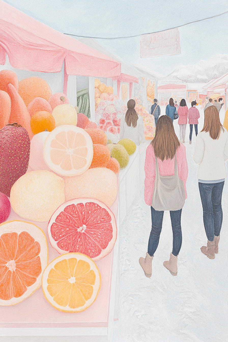 Colored pencil sketch of fruit/veggie city with people.