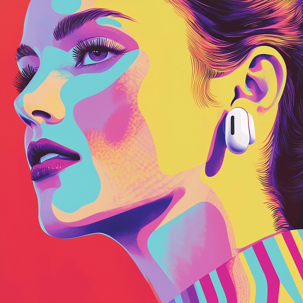 Colorful 1950s-style advertisement featuring woman's ear with AirPods.