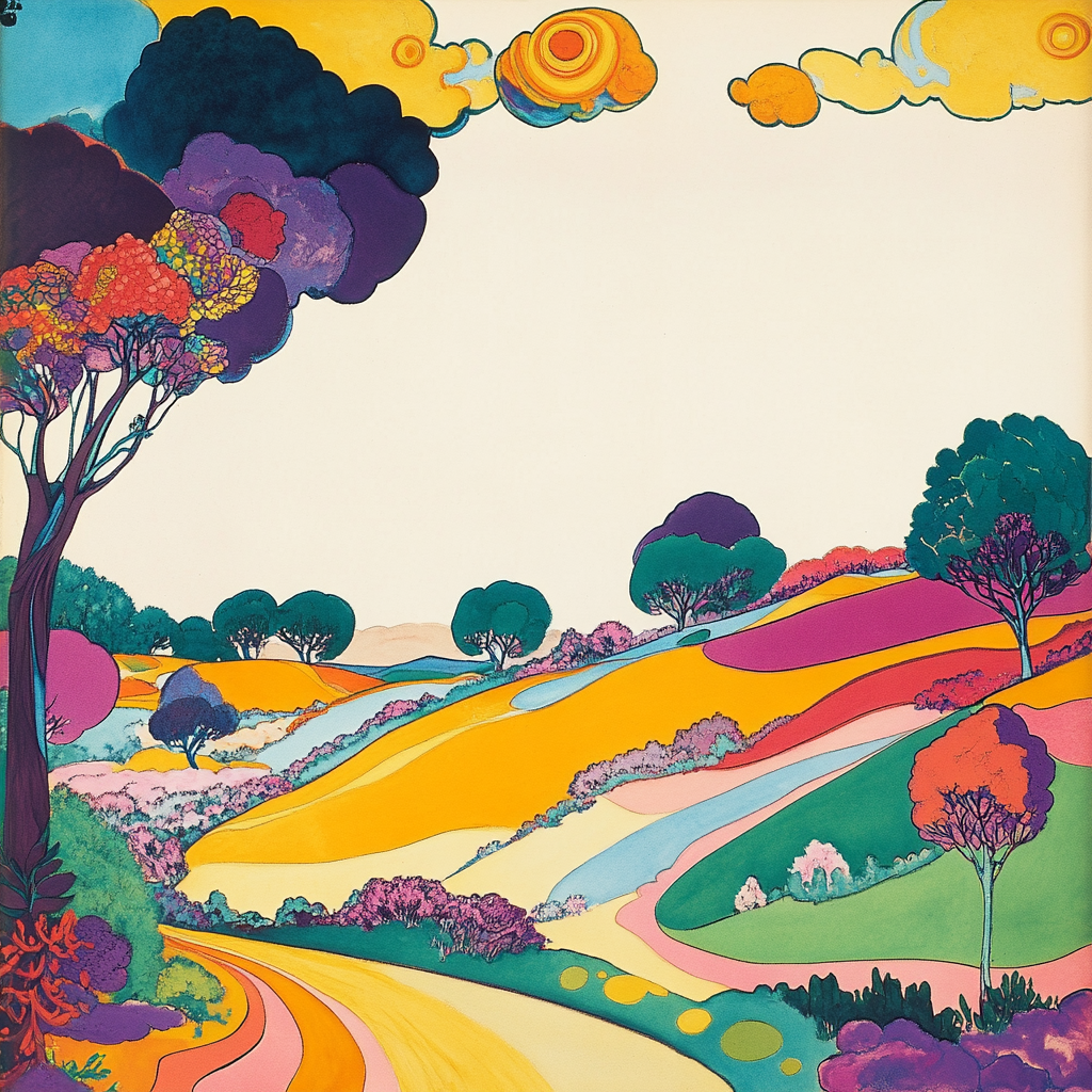 Colorful 1968-style landscape drawing with rounded edges