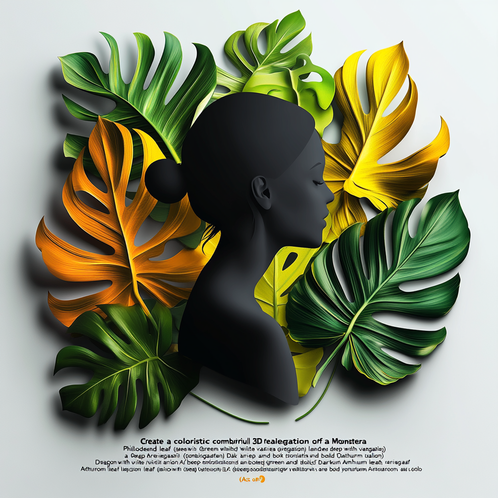 Colorful 3D logo with Monstera, Philodendron, Anthurium leaves, woman.