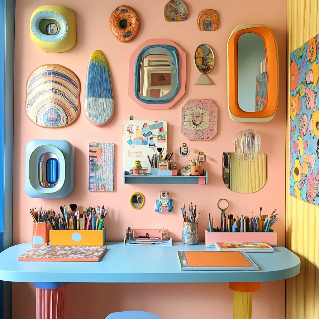 Colorful 50's gallery wall with mirrors and sketches.