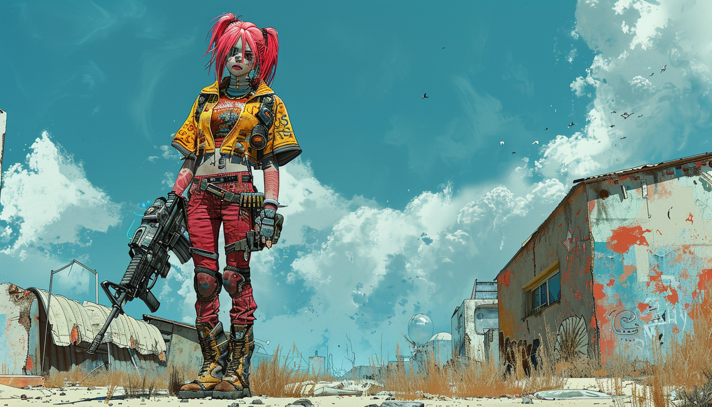 Colorful 80s Hair Band Pop Star in Post-Apocalyptic Wasteland