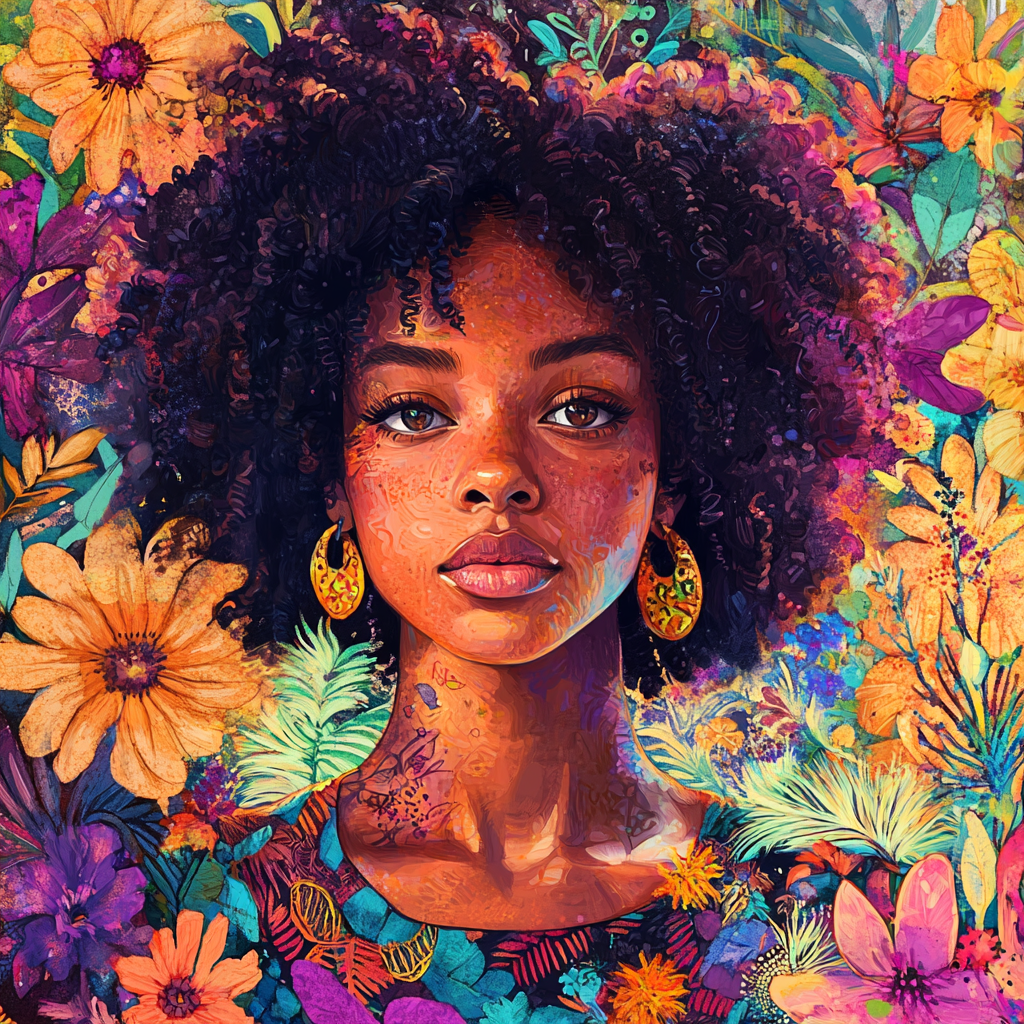 Colorful Afro hippie woman in dreamlike garden of flowers.