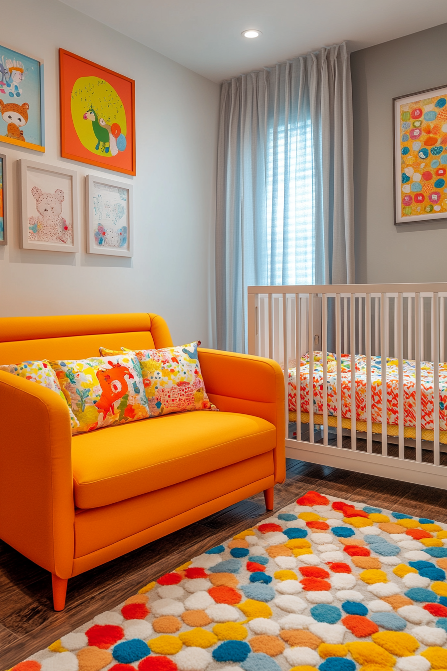 Colorful Barndominium Nursery with Vibrant Art and Furniture