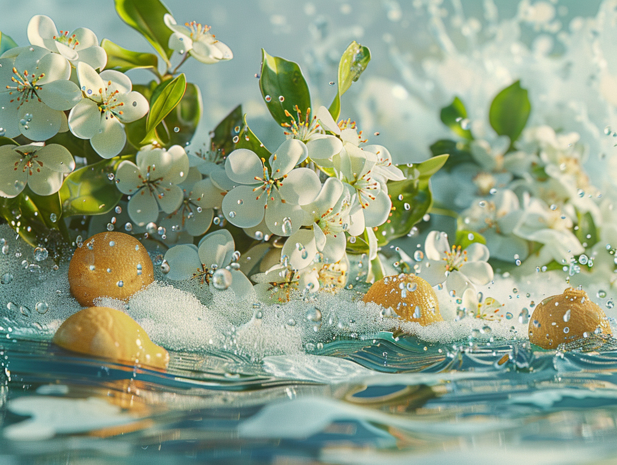 Colorful Bergamot Fruits and Neroli Flowers by Ocean