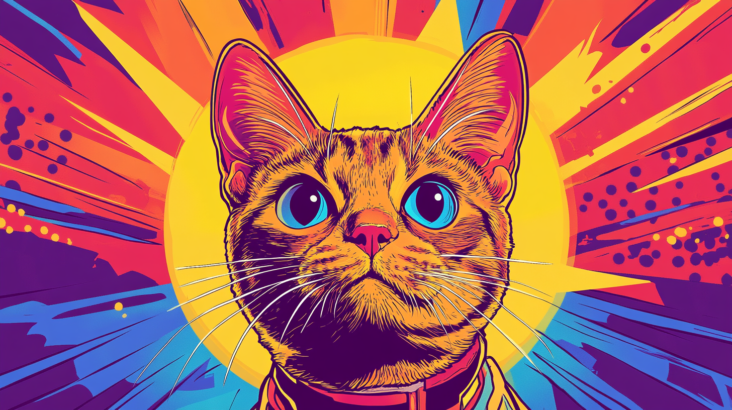 Colorful Bodhisattva cat illustration with graphic design elements.