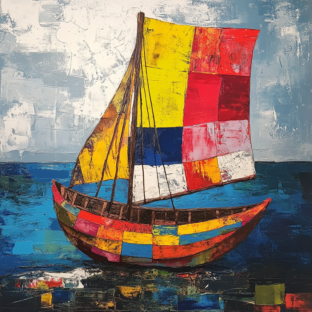 Colorful Brazilian boat stands out against melancholic seascape.