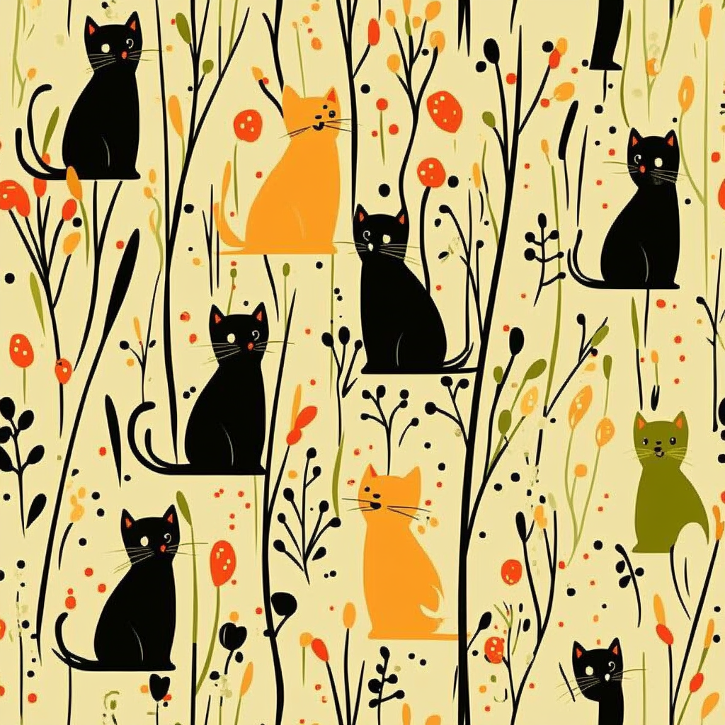 Colorful Cat and Floral Pattern on Beige Background