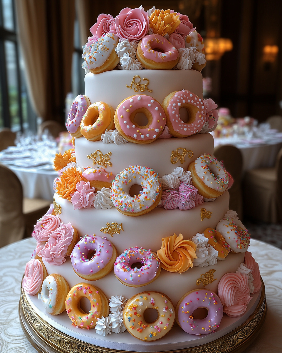 Colorful Doughnut Wedding Cake on Pedestal Stand