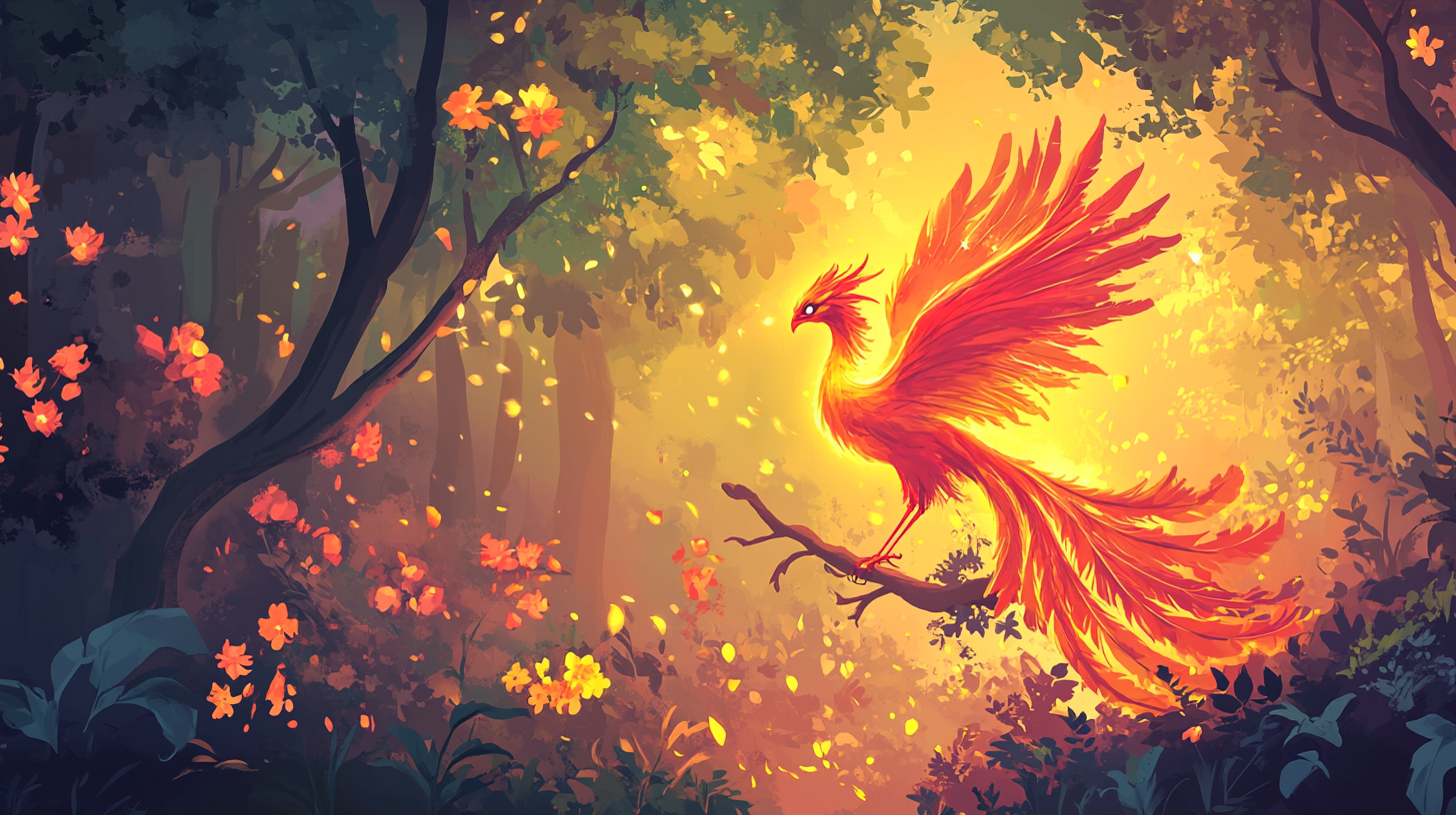 Colorful Fairy Tale Forest with Firebird and Flowers