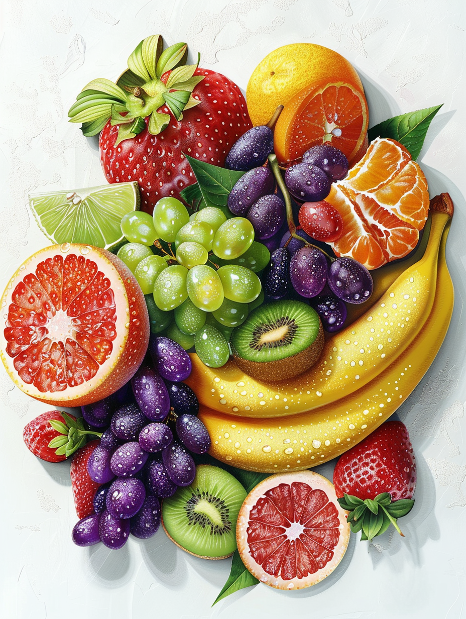 Colorful Fresh Fruits Arrangement on White Background