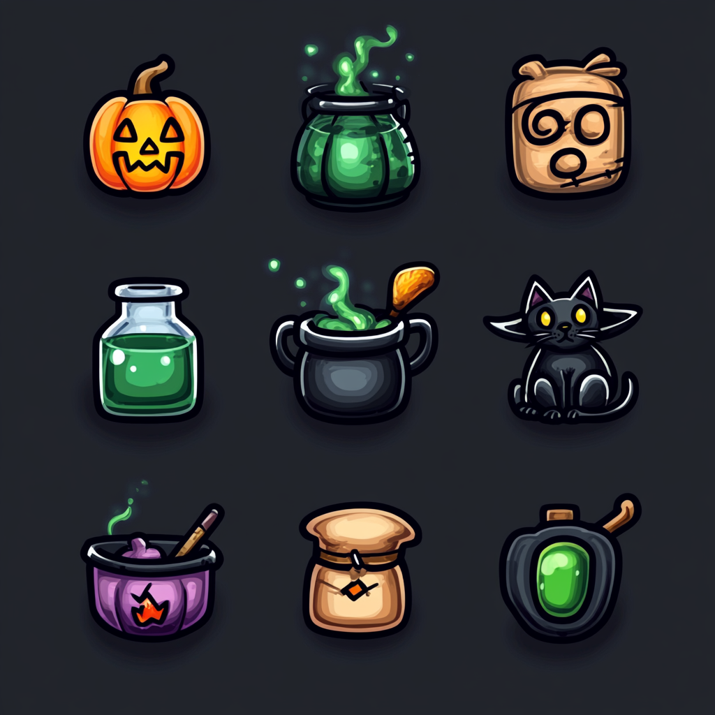 Colorful Halloween Icons with Dark Outlines