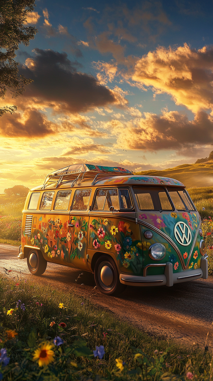 Colorful Hippie Van Driving to Woodstock