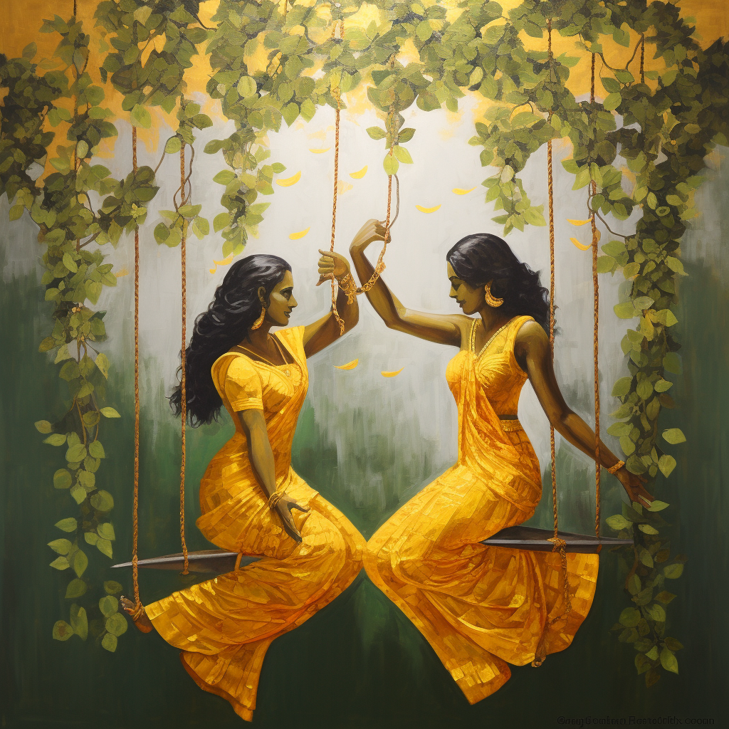 Colorful Indian Girls Swinging Under Mango Tree Painting