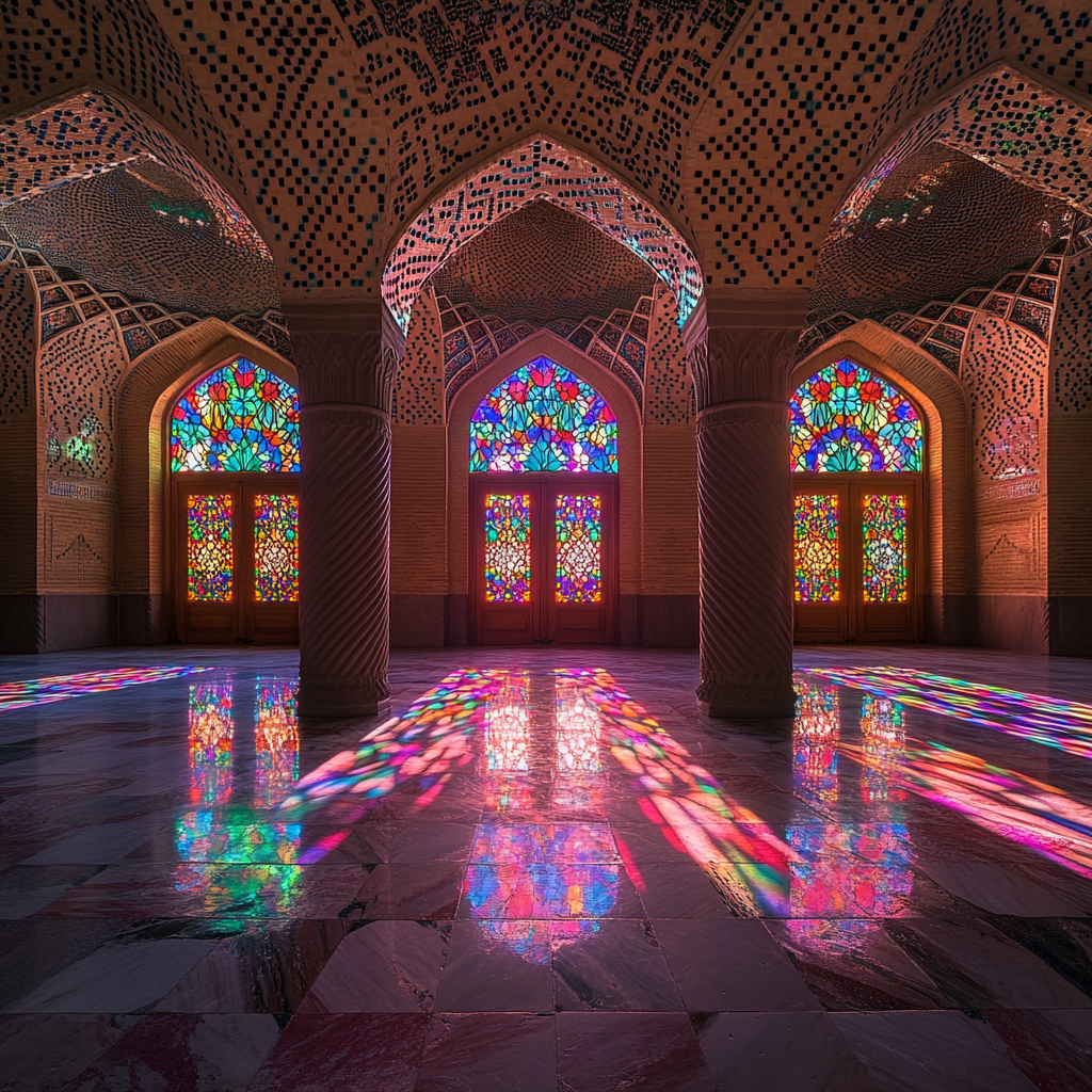 Colorful Iranian mosque interior with stained-glass windows reflections.