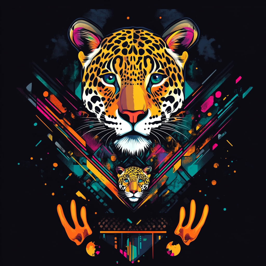 Colorful Jaguar T-Shirt with Cartoon Design and Geometric Details.