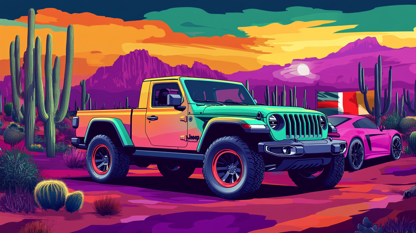 Colorful Jeep Gladiator and Audi R8 in Arizona desert.