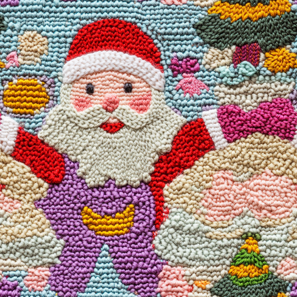 Colorful Knitted Santa Claus Fabric with Embroidered Details