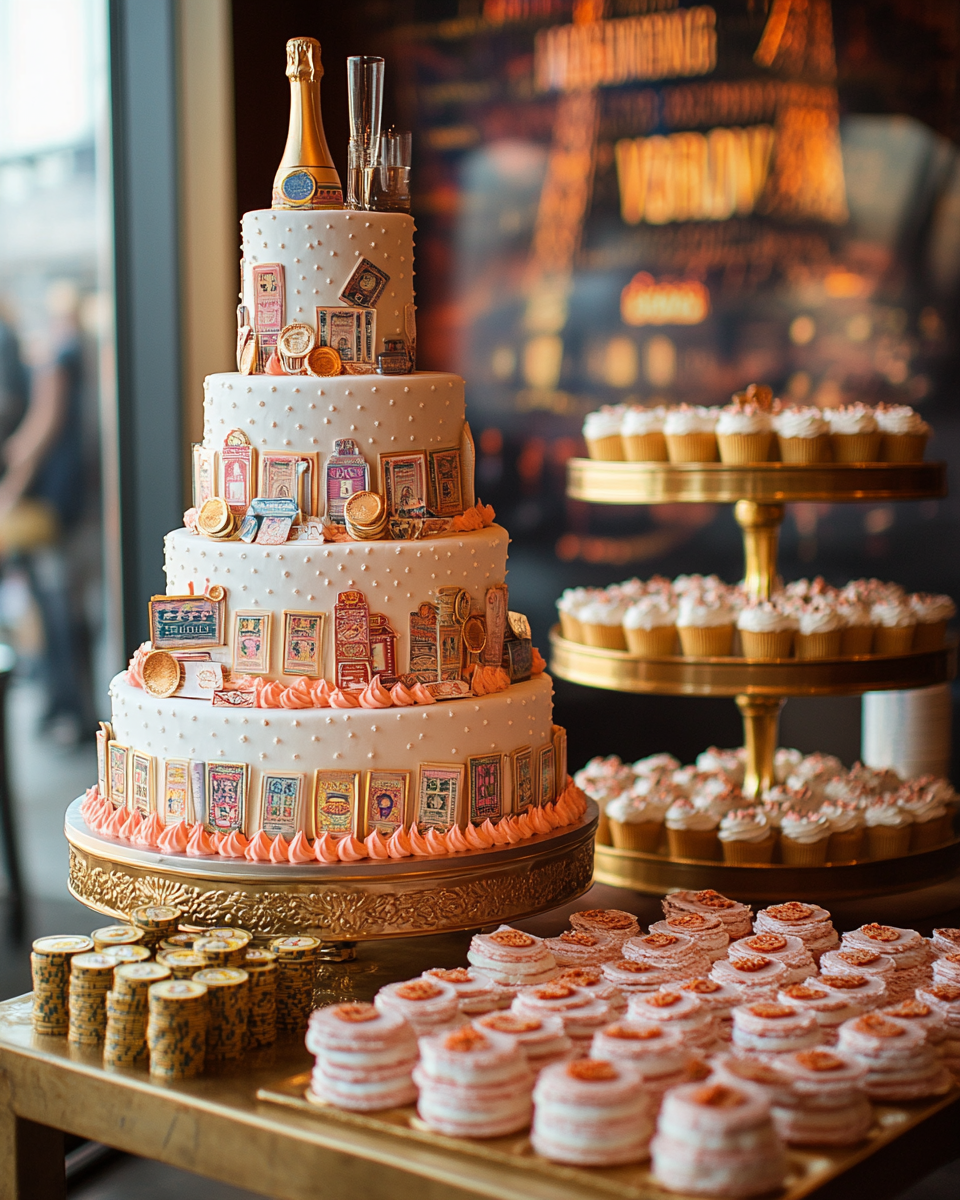 Colorful Las Vegas themed wedding cake with treats