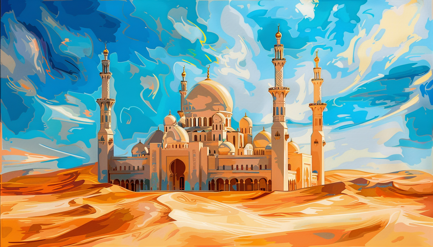 Colorful Mosque in Desert at Noon - Digital Art