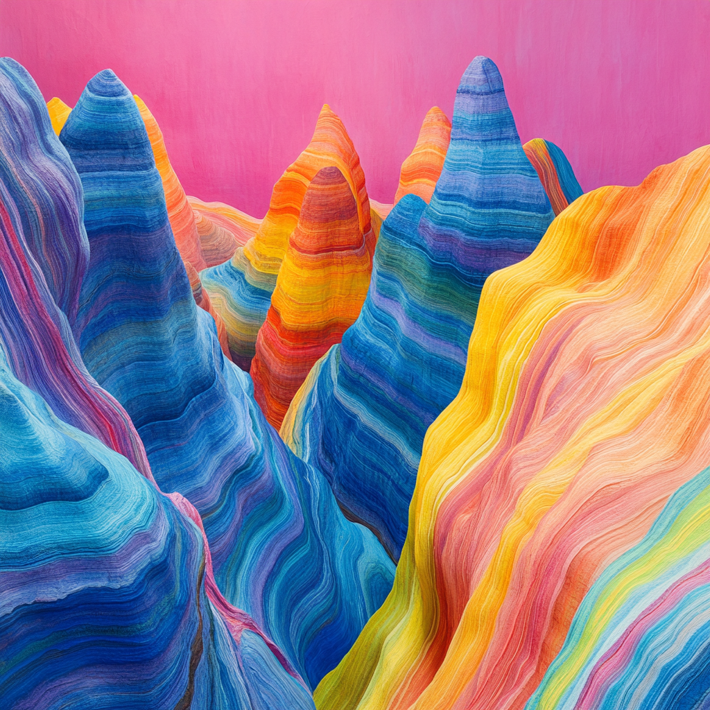 Colorful Mountain Landscape on Magenta Background, Wide Angle