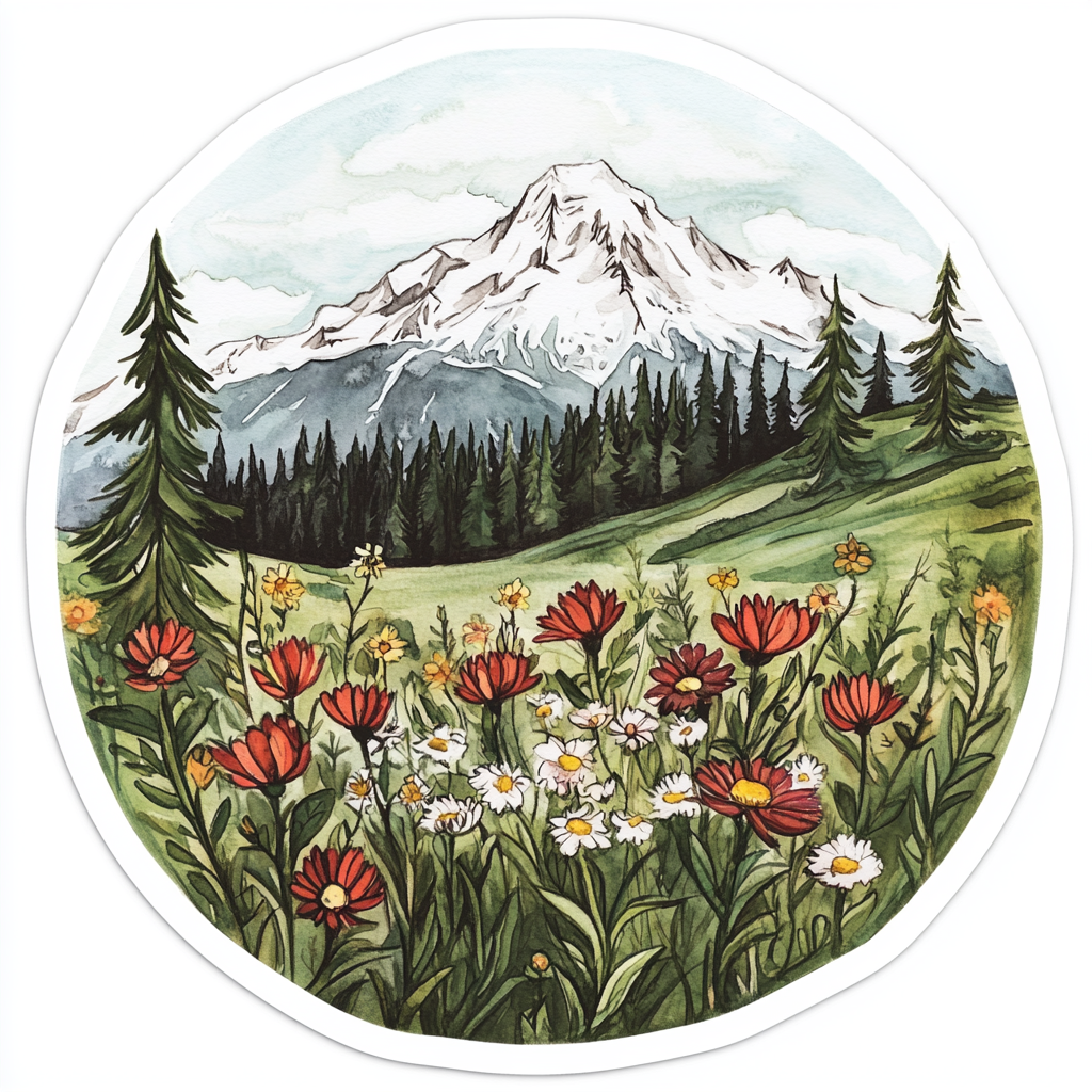 Colorful Mt. Rainier National Park Sticker Illustration