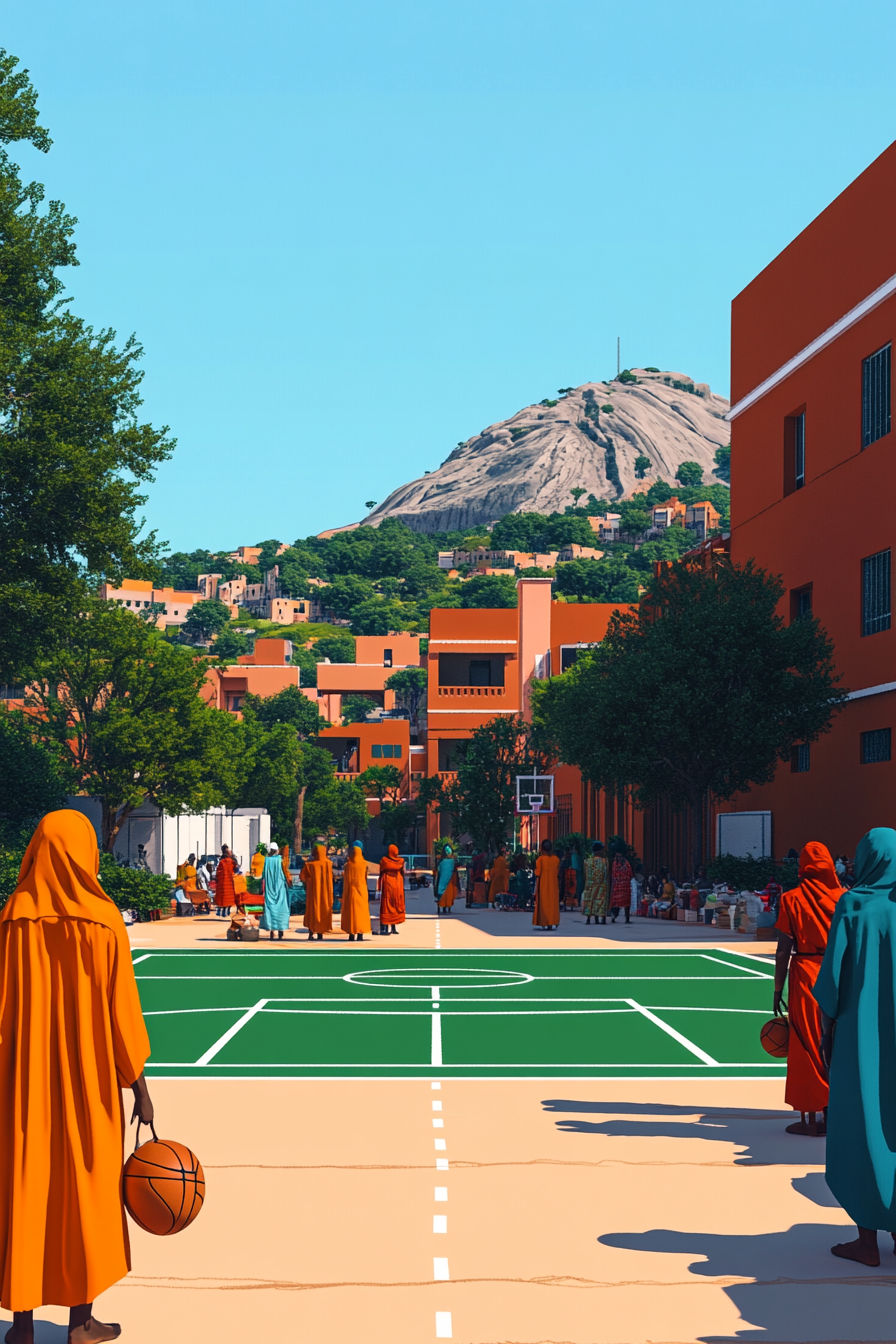 Colorful Nigerian culture captured in Abuja cityscape with basketball.