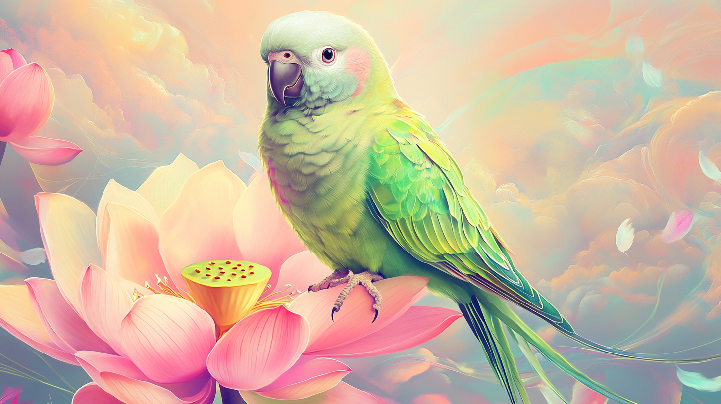 Colorful Quaker Parrot Bodhisattva illustration on vivid landscape.