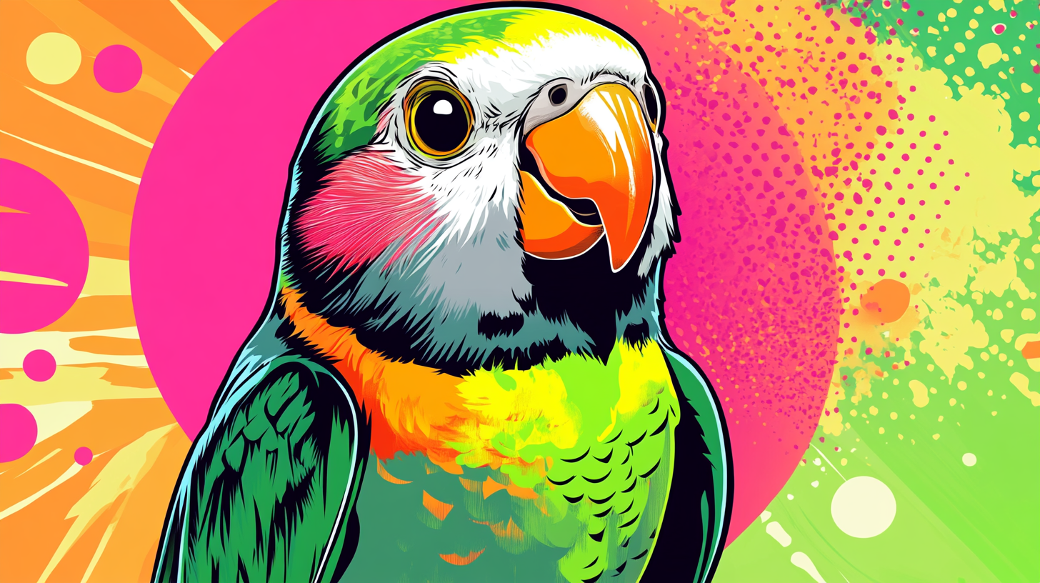 Colorful Quaker Parrot as Bodhisattva in playful pop art.