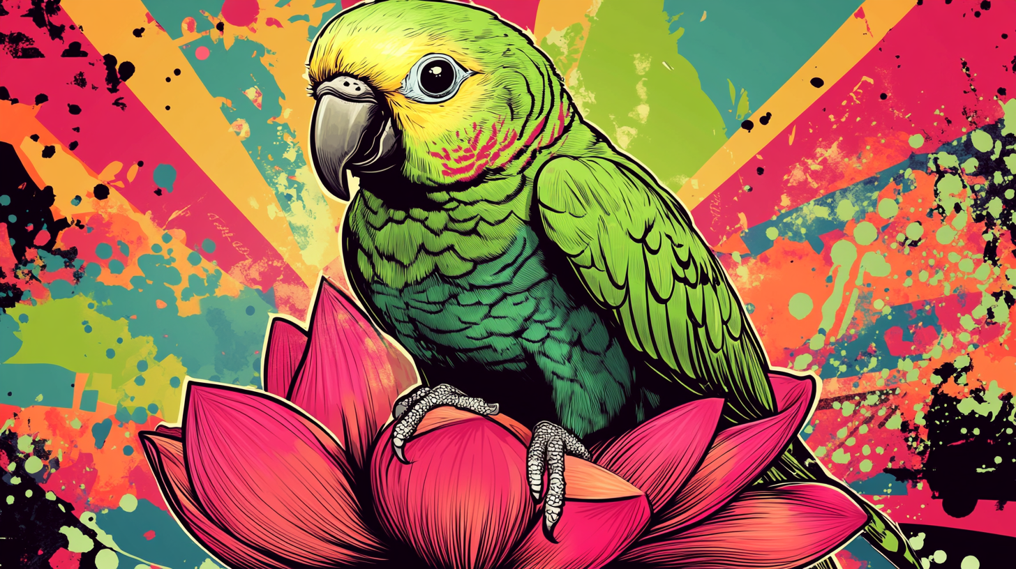 Colorful Quaker Parrot on lotus flower in vibrant artwork.