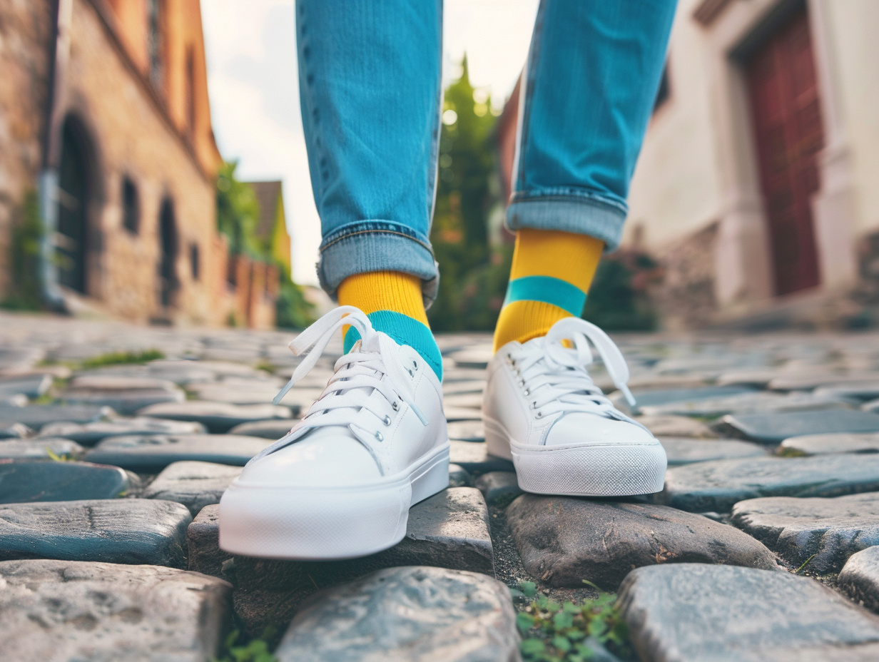 Colorful Socks Paired with Sneakers on Cobblestone Street