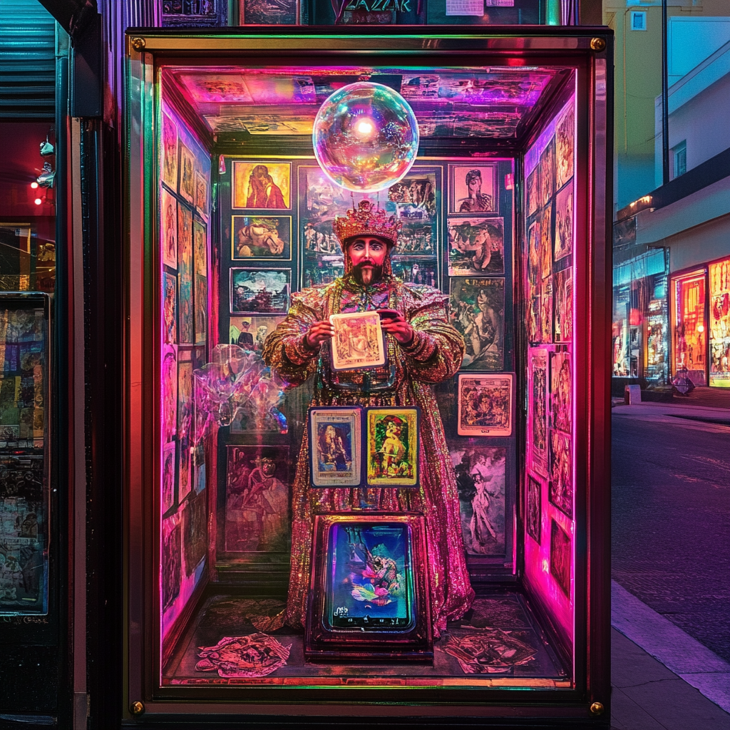 Colorful Zoltar machine in bustling city offers art fortunes.