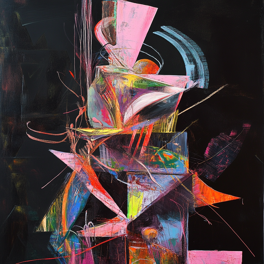 Colorful abstract painting with pink strokes on black background.