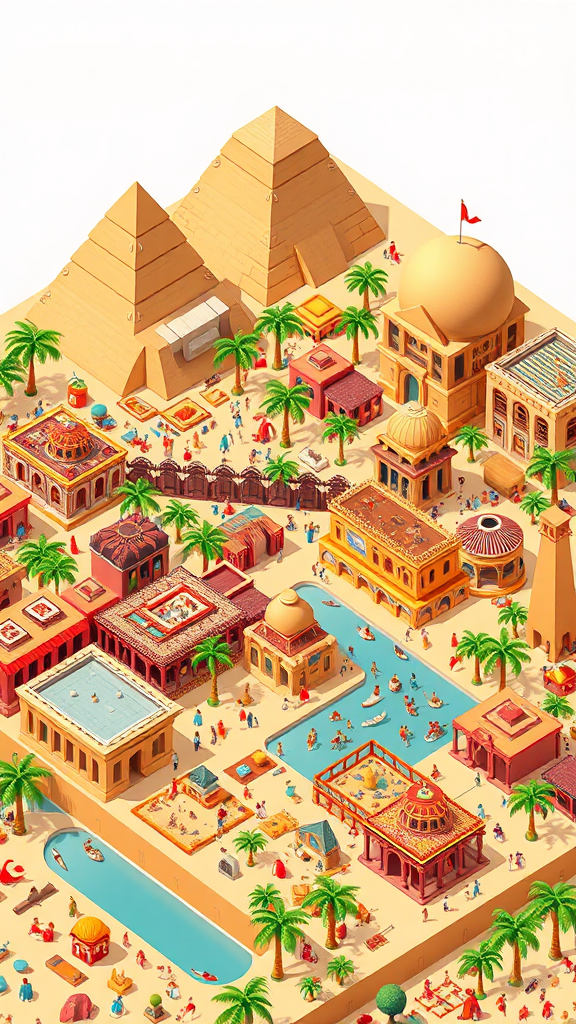 Colorful ancient and modern Cairo in isometric view.