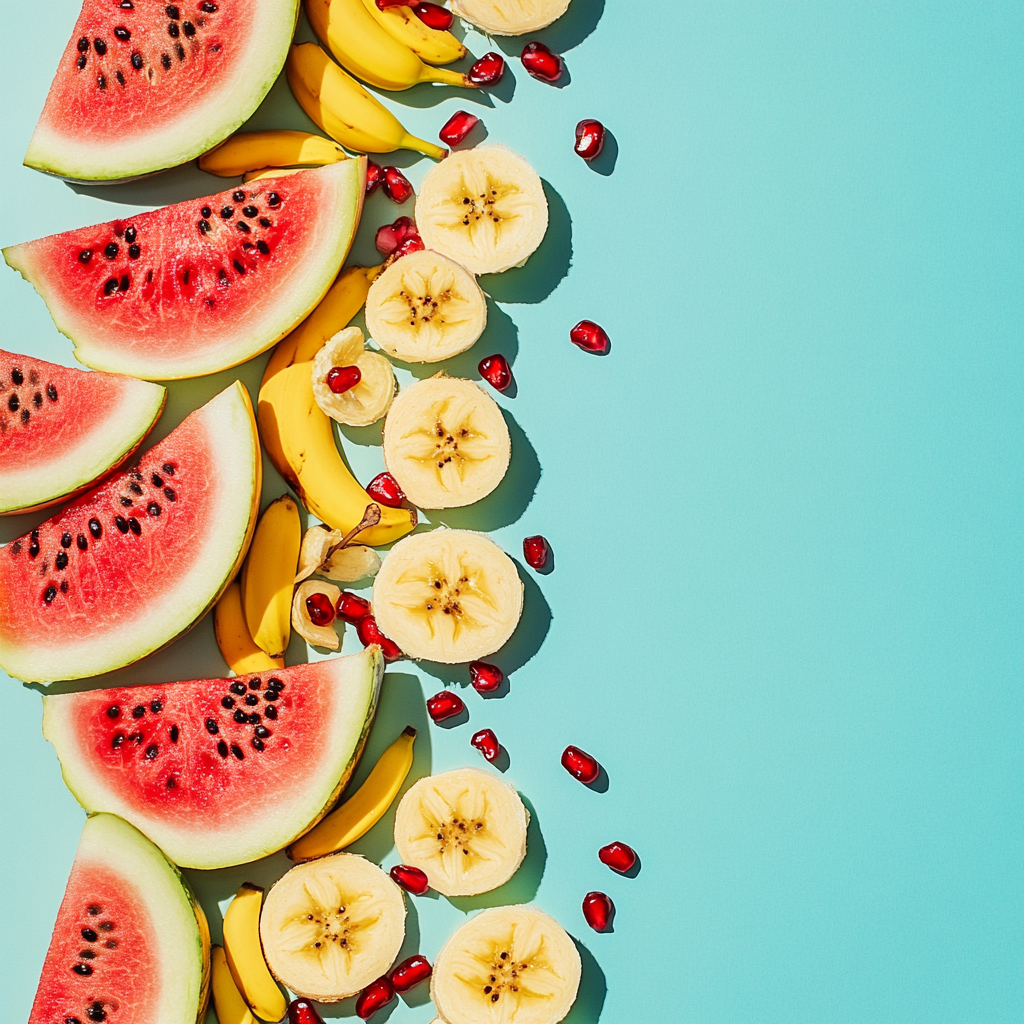 Colorful background with fresh fruits, minimal top half.