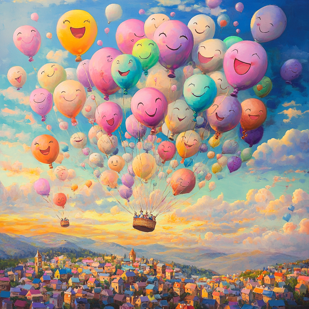 Colorful balloons lift villages, sky painted soft pastel.