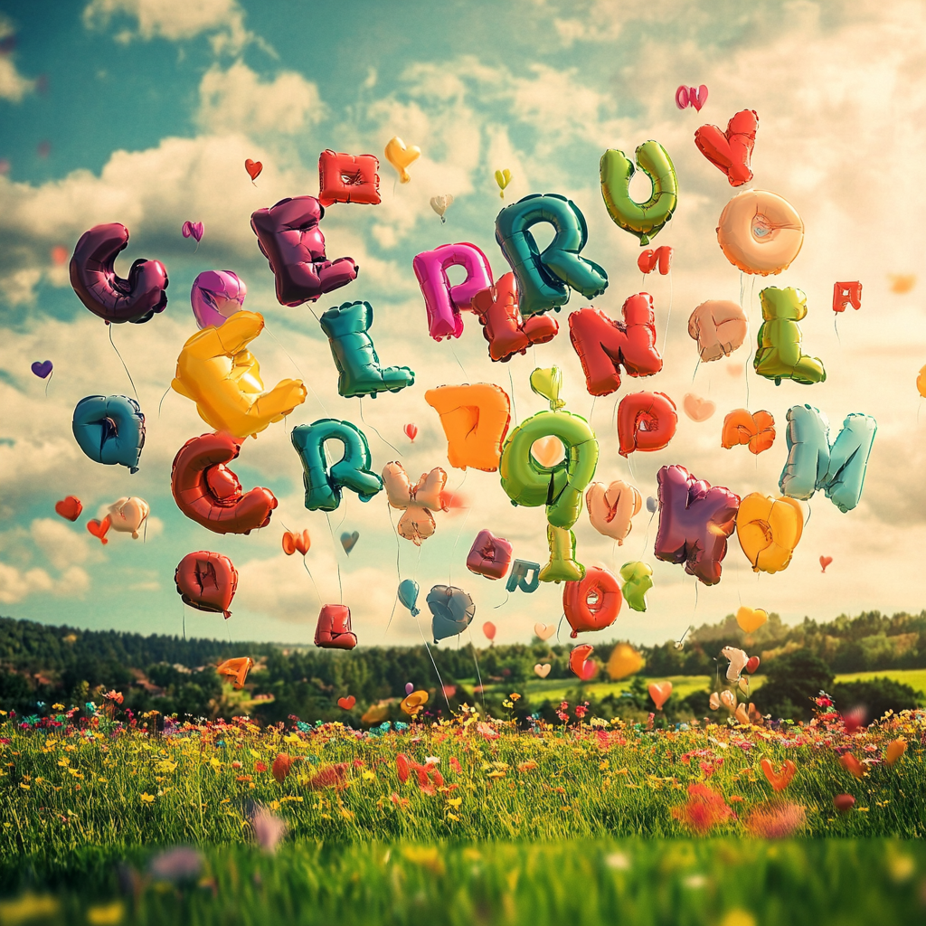 Colorful balloons shaped like English letters fill sky.