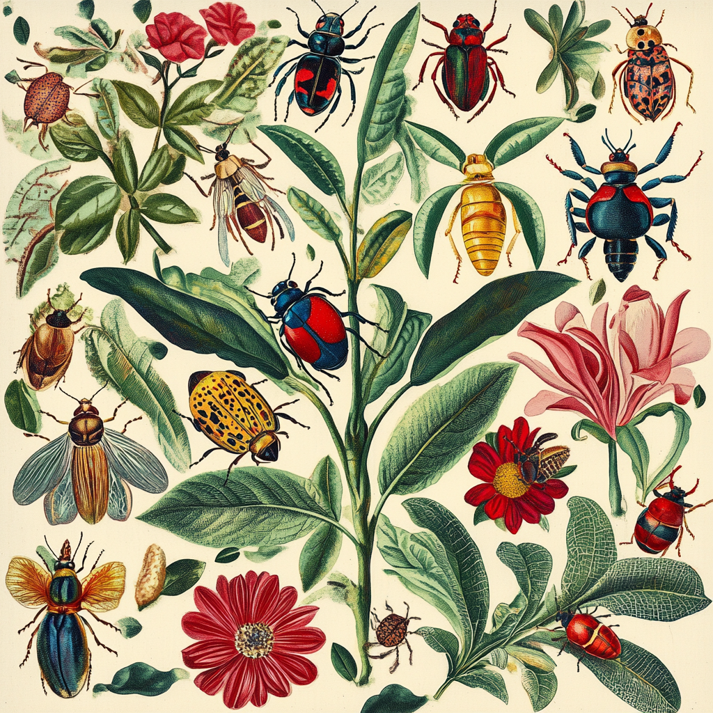 Colorful beetles and various plants in Merian Sybilla style.