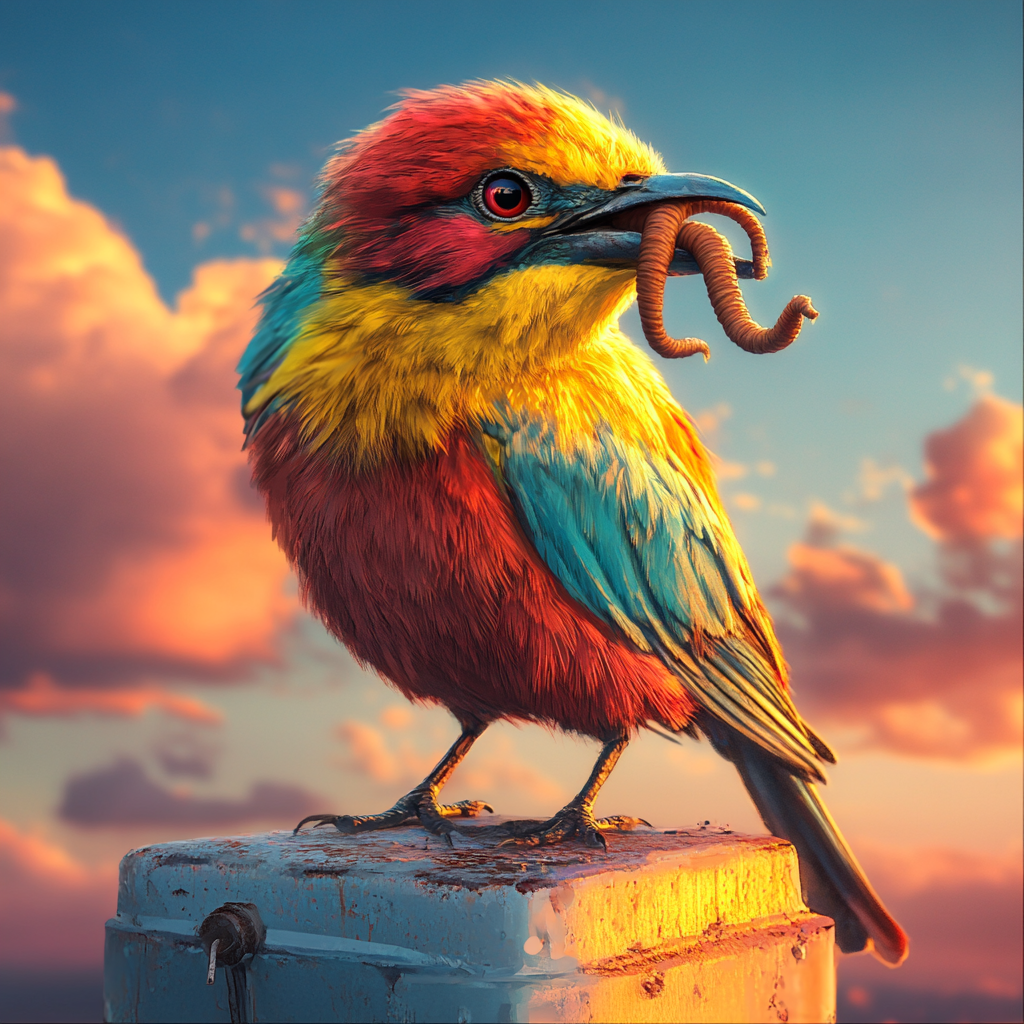 Colorful bird with worm on container with sunset background.