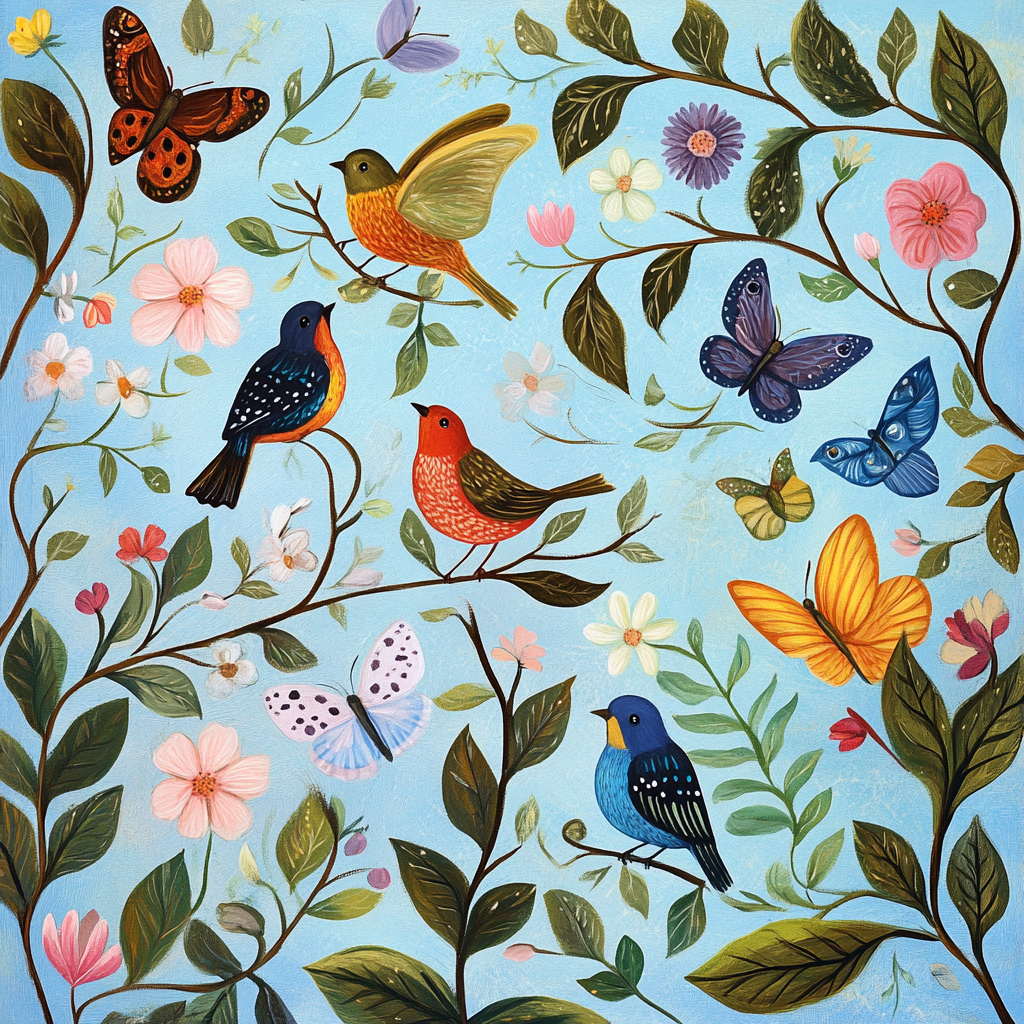 Colorful birds and butterflies among detailed leaves with blue sky.