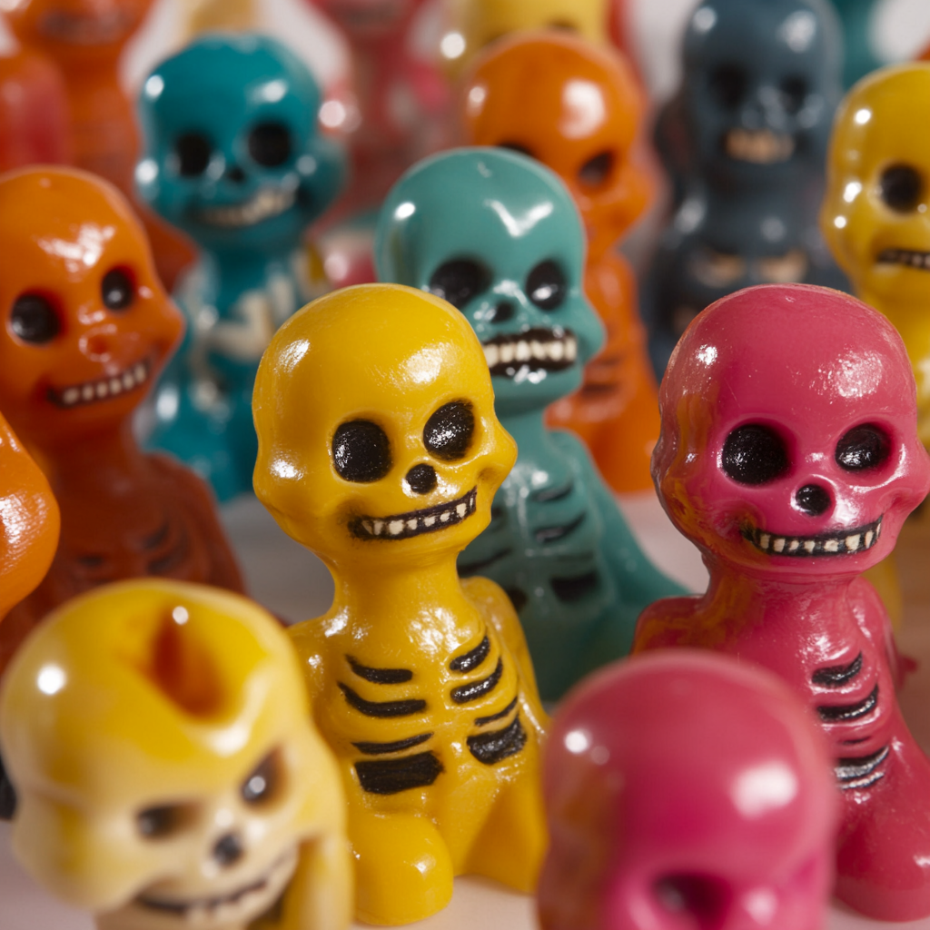 Colorful bone toy figurines from 1990s with playful design