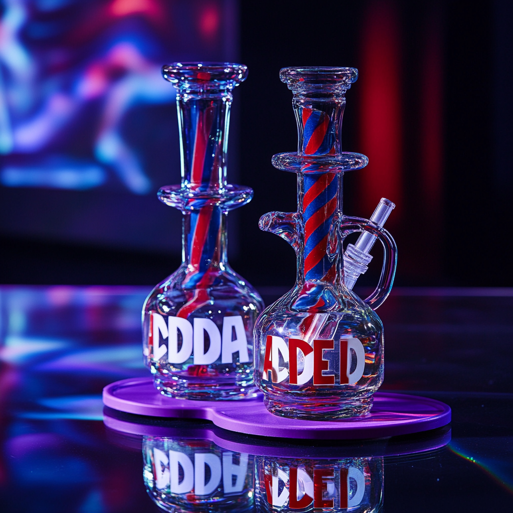 Colorful bongs on purple mat and glass table