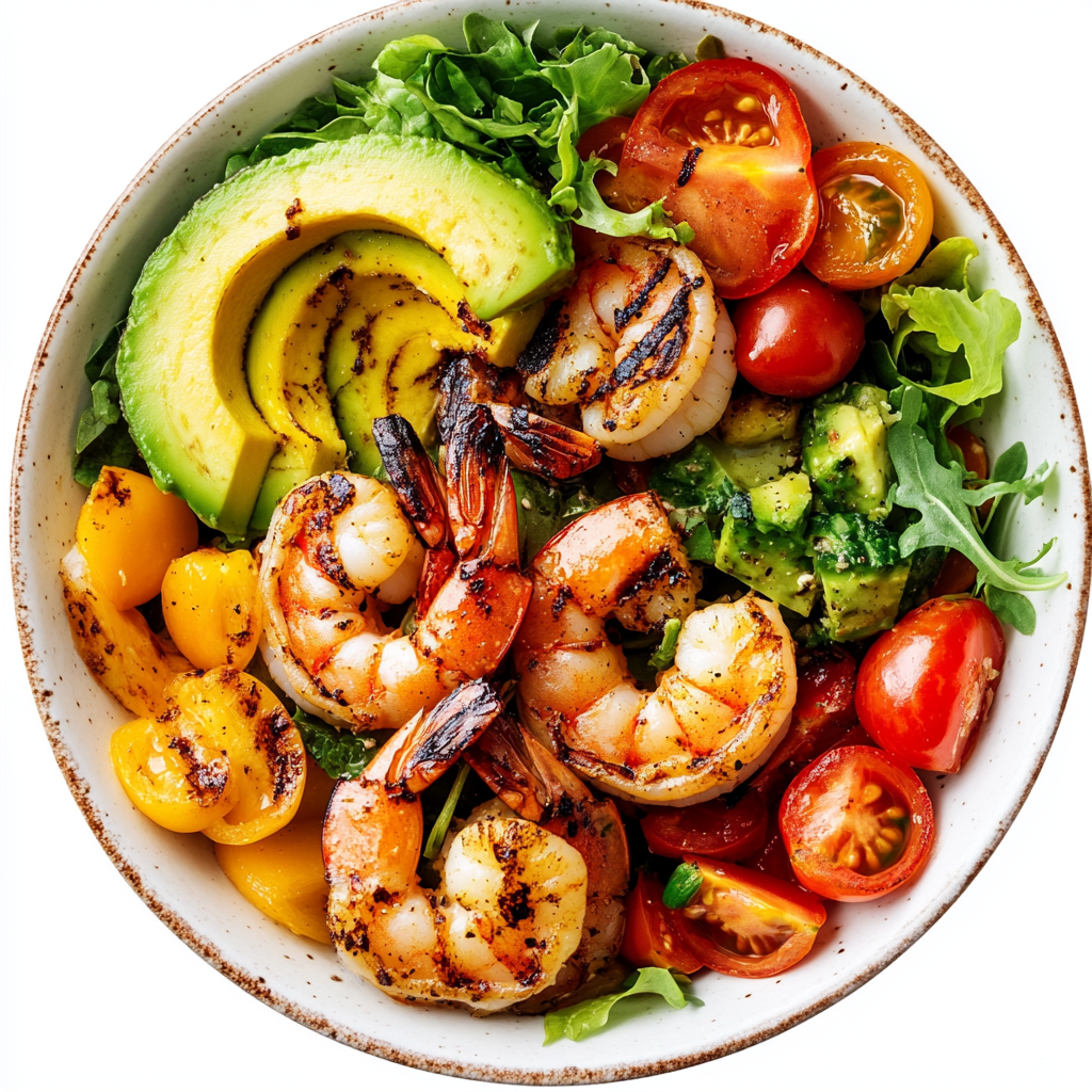 Colorful bowl of healthy grilled shrimp and vegetables