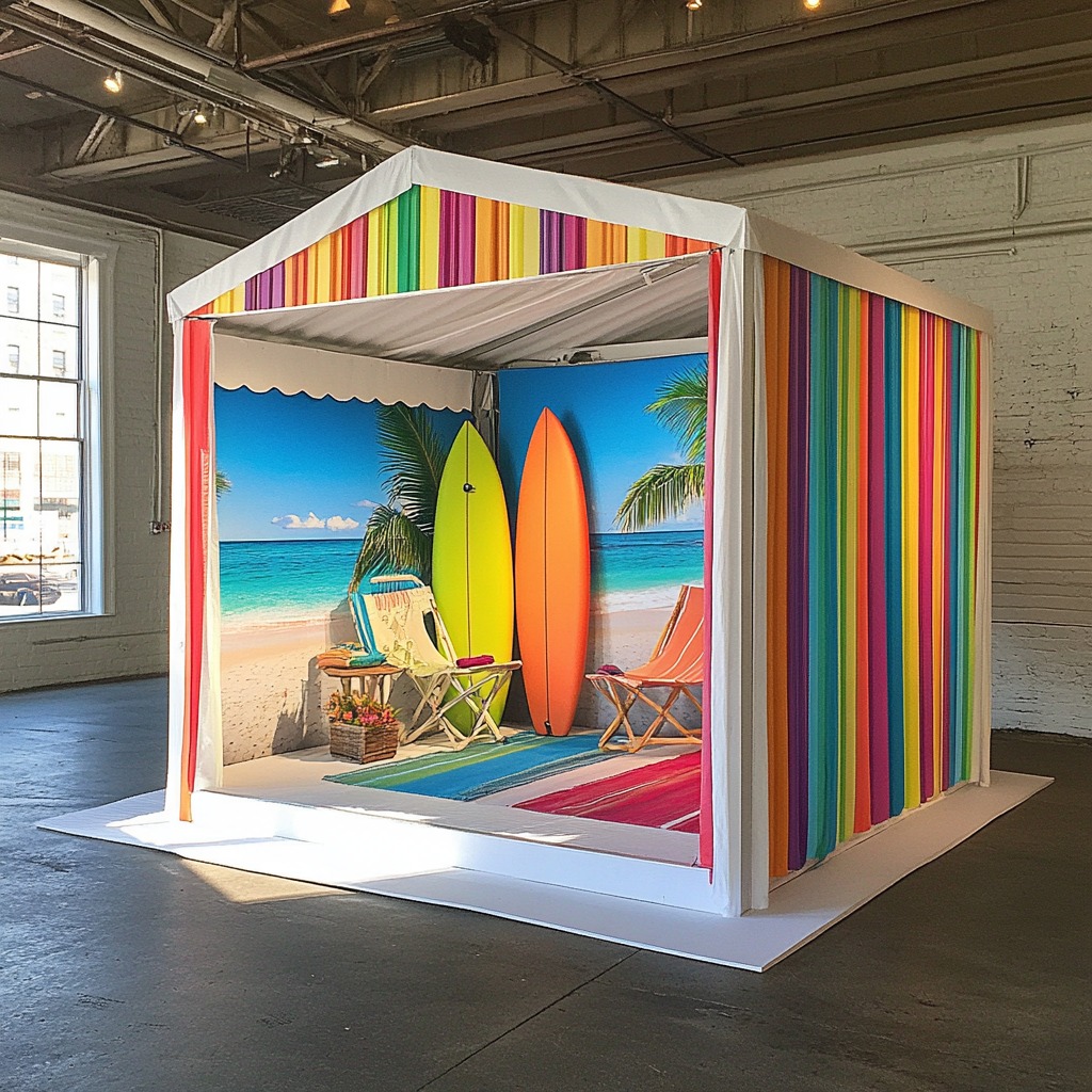 Colorful cabana and surfboards in tent photo op