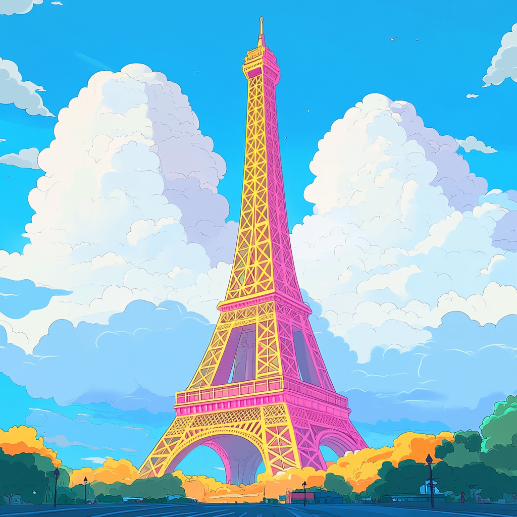 Colorful cartoon Eiffel Tower in Paris with clouds