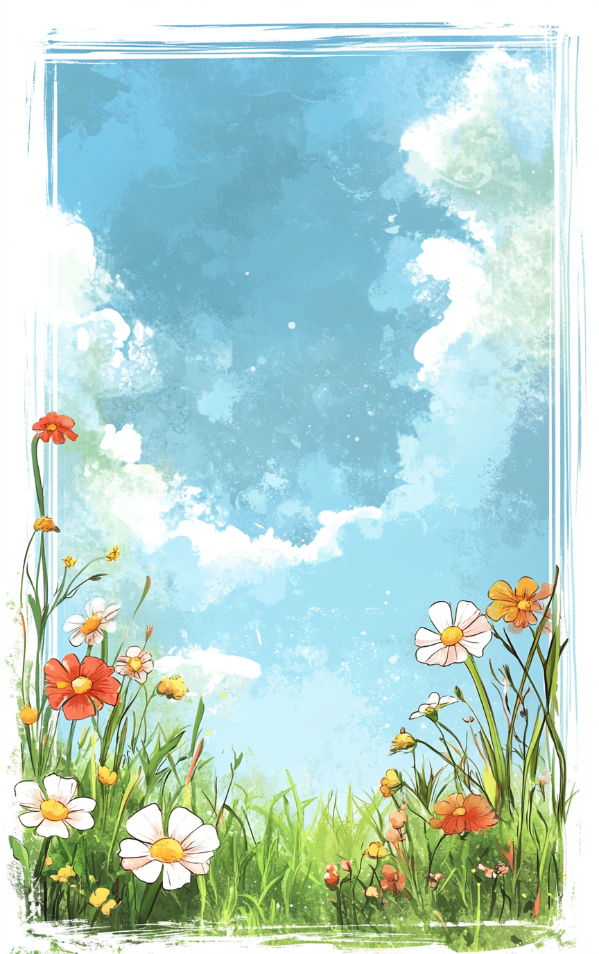 Colorful cartoon garden with flowers under sky