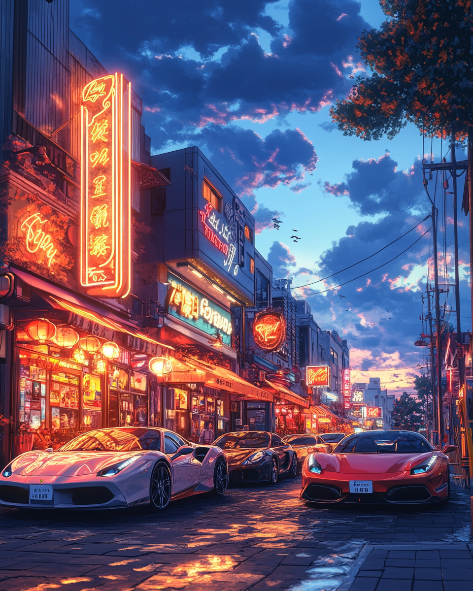 Colorful cartoon illustration of downtown night club with cars.