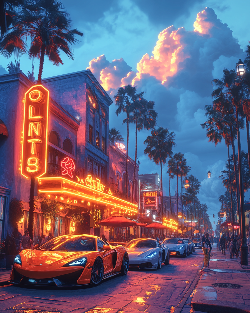 Colorful cartoon illustration of sports cars parked outside.