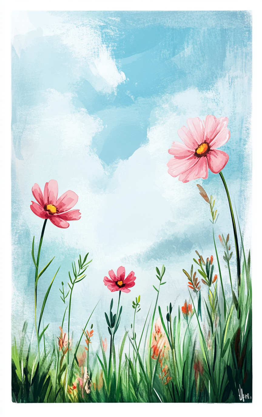 Colorful cartoon style drawing of flowers and grass