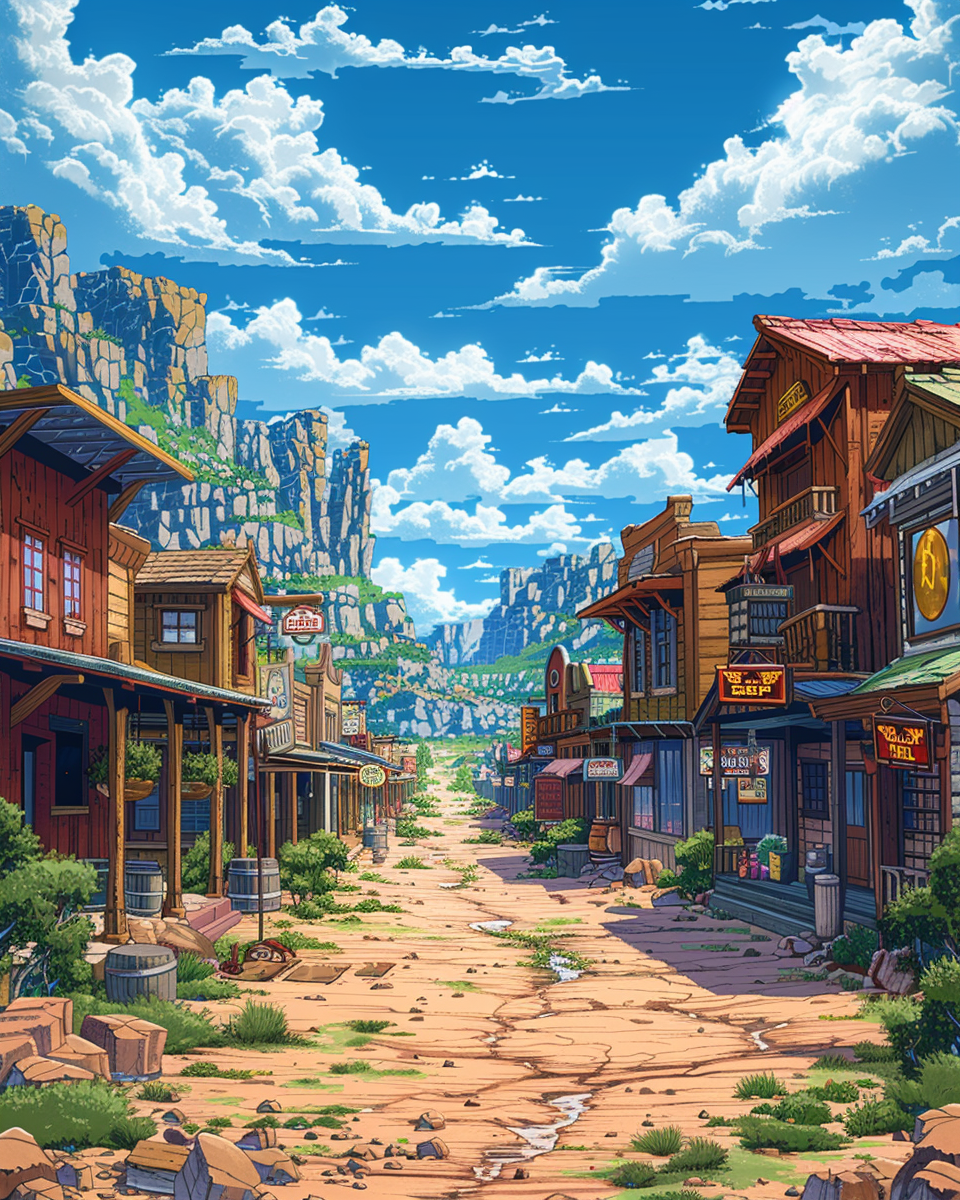 Colorful cartoon style illustration of high-tech western town.